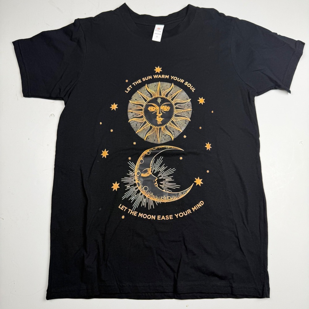 Celestial Sun Moon Celestial Graphic T-Shirt Black Gold Boho Cotton Small